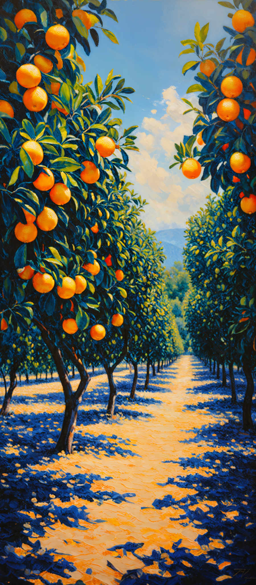 The image showcases a vibrant and colorful scene of an orange grove. The dominant colors are shades of blue, representing the sky, and bright orange, representing ripe oranges hanging from the trees. The trees are dense, with their branches laden with oranges. The ground is depicted in shades blue and yellow, suggesting a pathway or a road covered with fallen leaves or shadows. The overall atmosphere is serene, with the bright oranges contrasting beautifully against the cool blue sky.