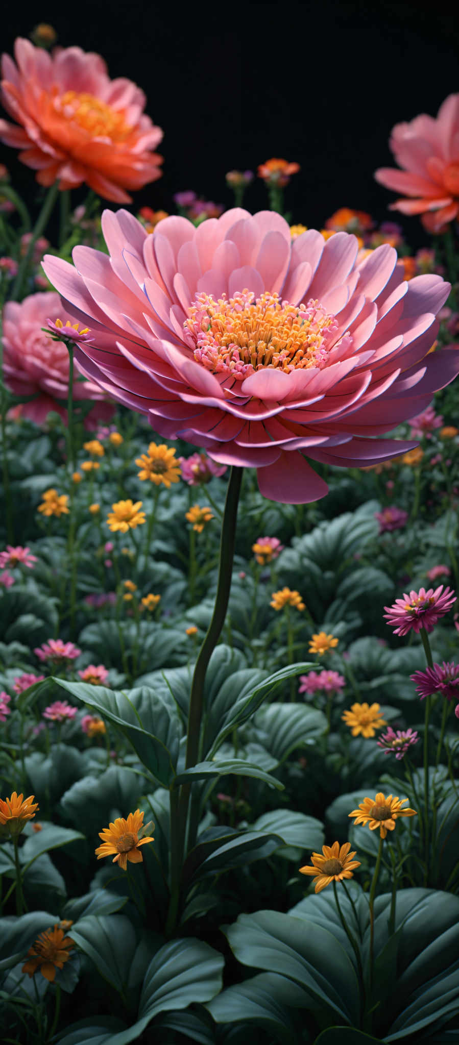 The image showcases a vibrant and detailed depiction of flowers. The dominant flower in the foreground is a large pink bloom with layered petals, a prominent yellowish-orange center, and slender green stems. Surrounding this are smaller flowers in shades of pink, yellow, and purple, interspersed with lush green foliage. The background is dark, which accentuates the bright colors of the flowers, creating a contrast that draws the viewer's attention to the blooms.