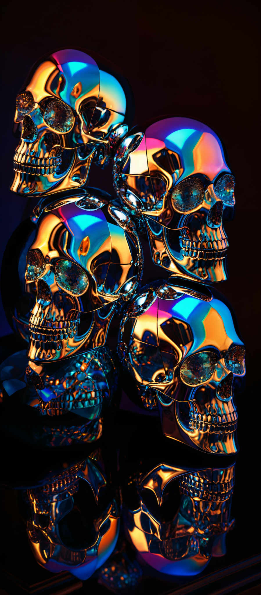 The image showcases multiple metallic skulls, each reflecting a myriad of colors, primarily hues of blue, gold, and pink. The skull shapes are intricate, with detailed features such as teeth, eye sockets, and jawlines. The reflections on the skull surfaces create a shimmering, almost iridescent effect, with some areas appearing darker and others brighter, creating a dynamic contrast.