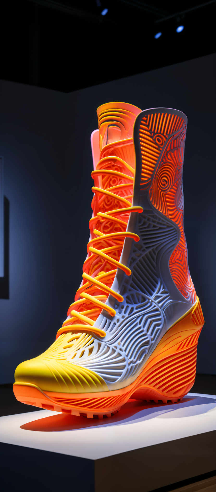 The image showcases a vibrant, sculpted shoe. The shoe is primarily white with intricate orange and yellow patterns. The patterns resemble swirls and organic designs. The laces are bright orange, and the sole of the shoe has a gradient of yellow to orange. The overall design is modern and artistic, and it appears to be displayed in a gallery setting.