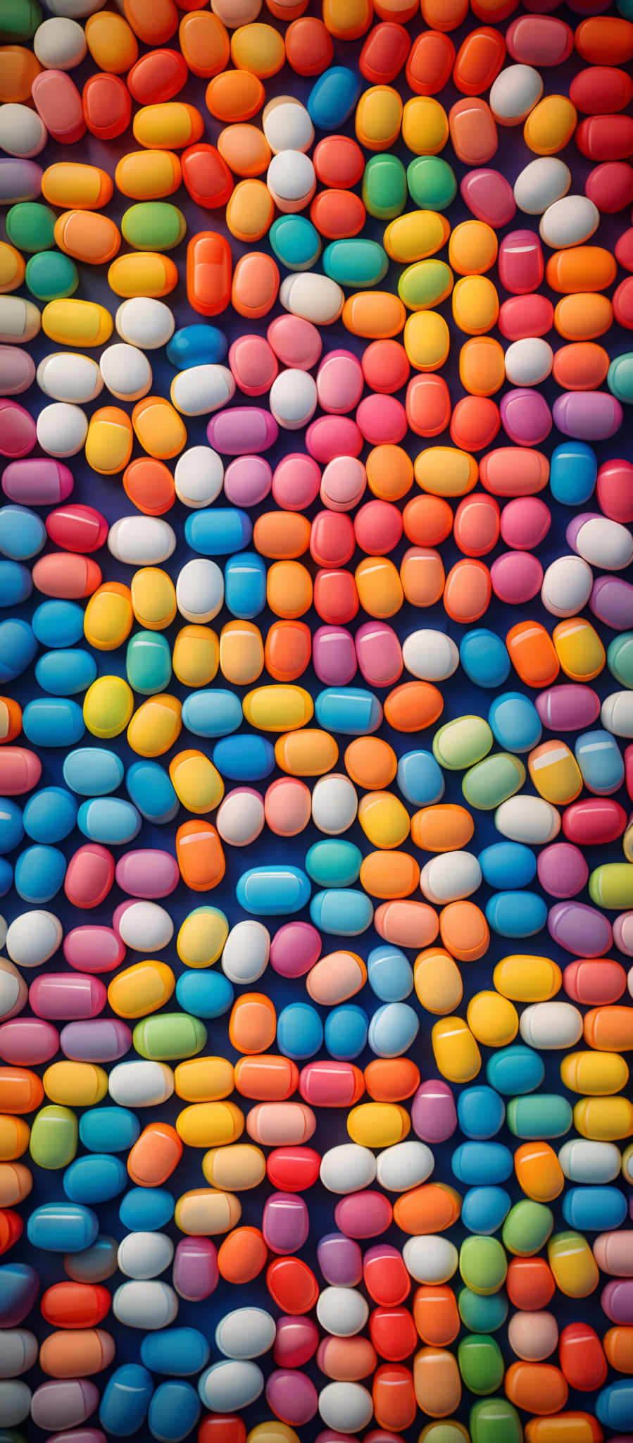 The image showcases a vibrant array of multicolored, bean-shaped objects arranged in neat rows. Each bean is uniformly colored, with a gradient effect transitioning from one hue to another. The colors range from bright blues and yellows to fiery reds and oranges. The beans are uniformly shaped, with smooth curves and a glossy finish, giving them a 3D appearance.