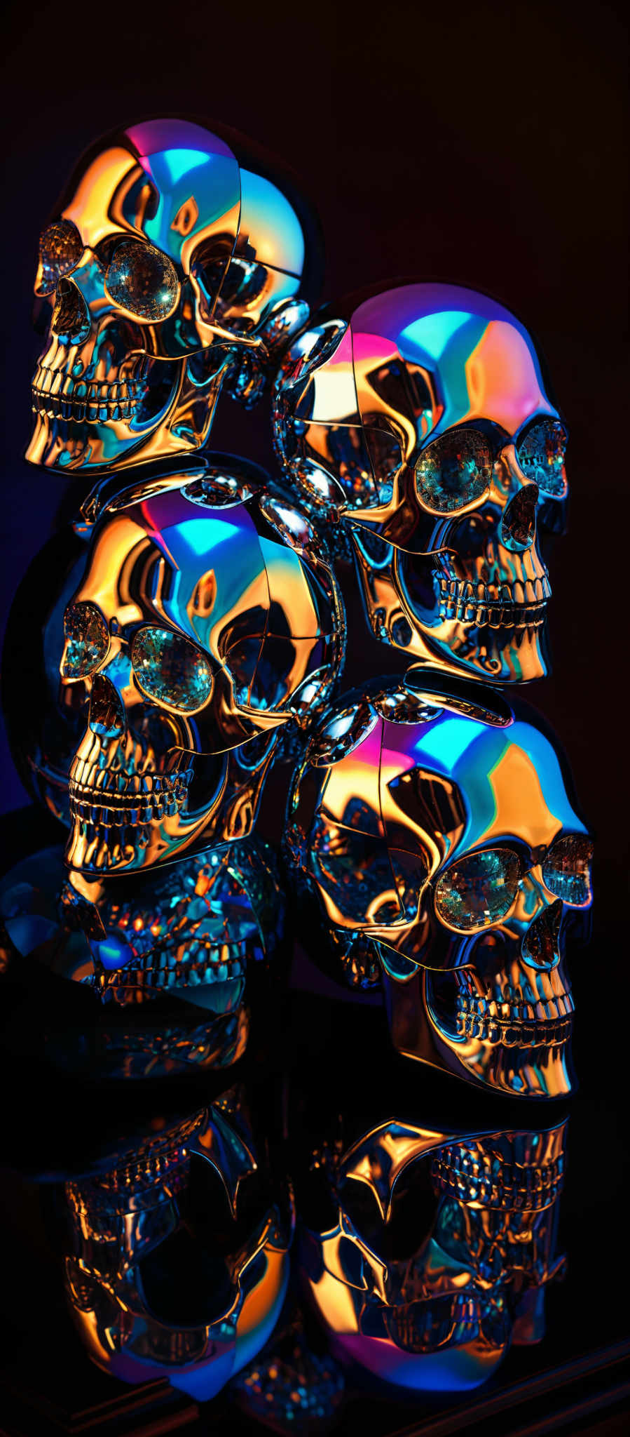 The image showcases multiple metallic skulls, each reflecting a myriad of colors, primarily hues of blue, gold, and pink. The skull shapes are intricate, with detailed features such as teeth, eye sockets, and jawlines. The reflections on the skull surfaces create a mesmerizing, almost otherworldly effect, with the colors appearing as if they are emanating from within the skULLs themselves.