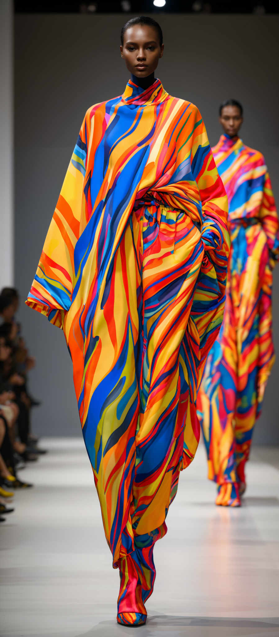 The image showcases a vibrant and colorful fashion piece. The dominant colors are bright shades of blue, orange, yellow, and pink. The garment has a unique shape, resembling a draped or wrapped silhouette, with an oversized and exaggerated fit. The design is characterized by swirling and intertwining patterns of these vivid colors, creating an abstract and dynamic visual effect.