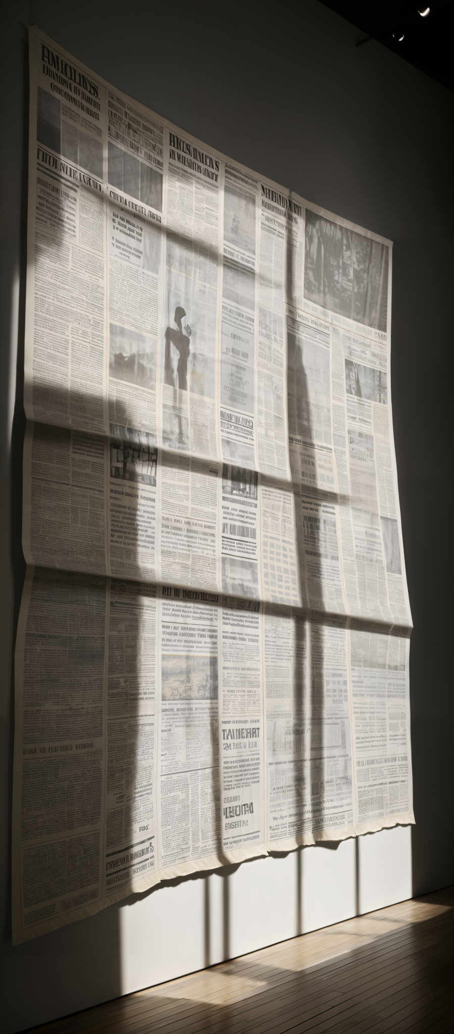 The image showcases a large, rectangular newspaper spread out on a wall. The newspaper is predominantly in shades of gray, with black and white text. The headlines and articles are densely packed, making it difficult to discern specific words without closer inspection. The paper's shape is somewhat irregular due to its spread across the wall, with some parts folded or creased. The image also captures the play of light and shadow on the newspaper, with certain sections illuminated and others in shadow, creating a dramatic effect.