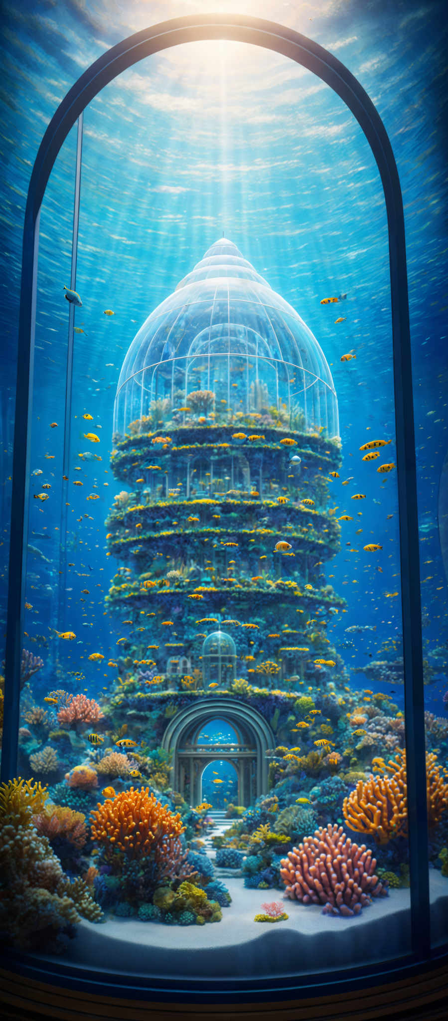 The image showcases a large, cylindrical aquarium or terrarium. The top of the structure is covered by a dome-shaped transparent glass ceiling, allowing sunlight to penetrate and illuminate the underwater world below. The water is a vibrant blue, and it's teeming with life. There are various species of fish swimming around, including bright yellow ones. The bottom of the image displays a coral reef with diverse colors, including orange, green, and brown. The corals are intricately layered, and there's an archway that leads to another section of the aquarium.