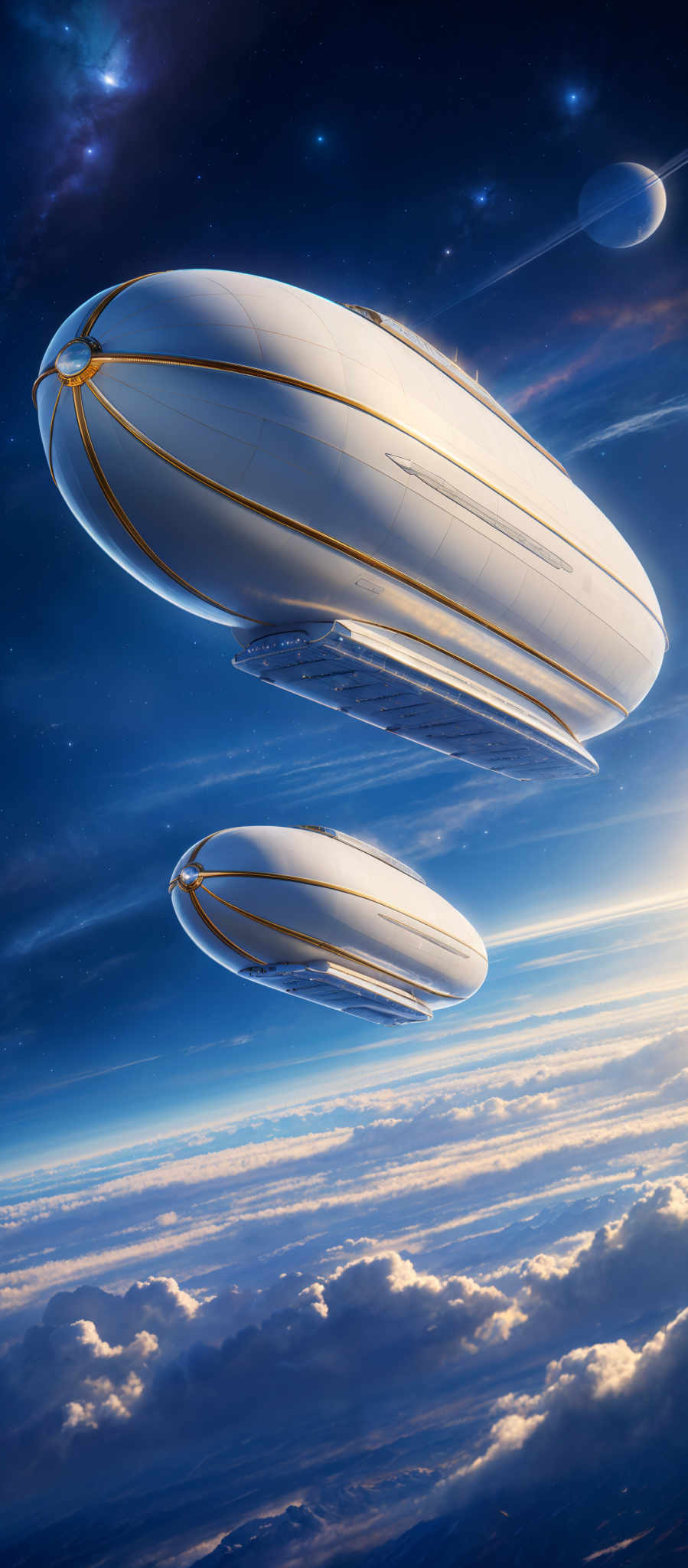 The image showcases two large, sleek, and cylindrical airships floating in space. They are predominantly white with gold accents. The larger ship has a golden stripe running along its length, while the smaller one has a similar design. Both ships have windows and appear to be equipped with landing gear. In the background, there's a breathtaking view of a planet with a ring system, surrounded by stars and other celestial bodies. Below the ships, there is a layer of clouds on a planet's surface, and further below, there are mountain ranges and a body of water.