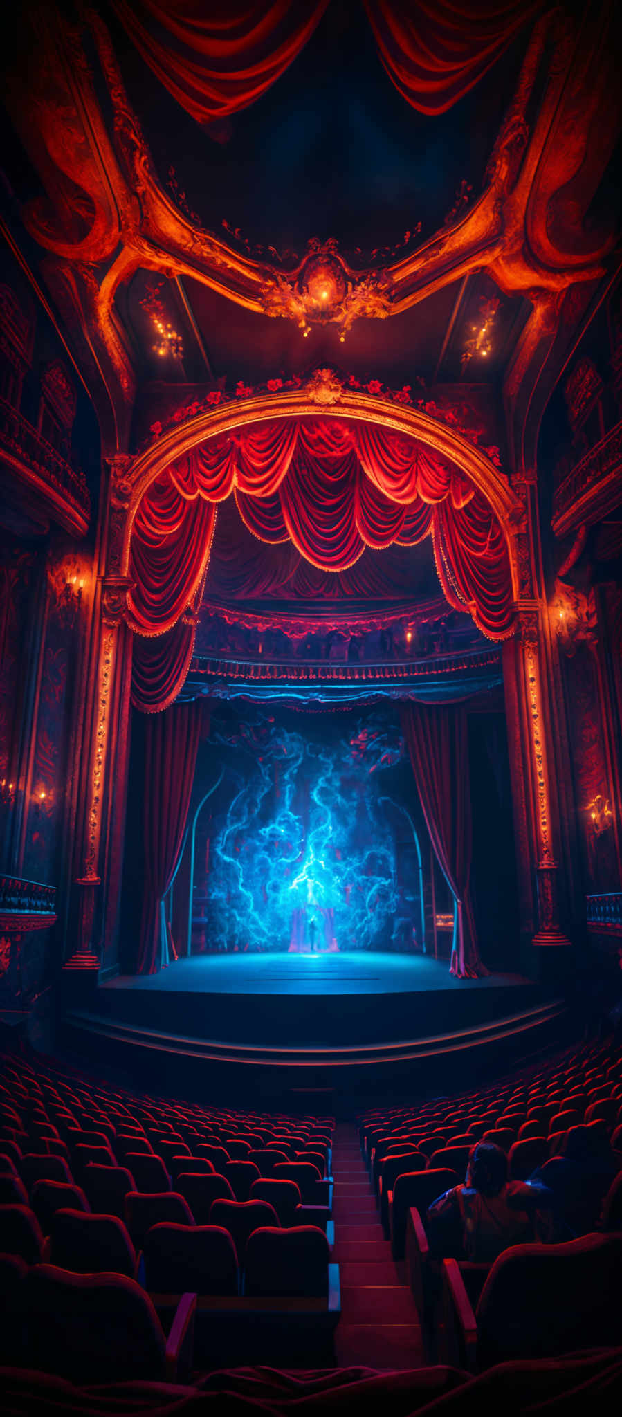 The image showcases a grand theater with opulent red curtains draped across the stage. The ceiling is adorned with intricate gold designs and ornate moldings. The stage itself is illuminated with a vivid blue light, displaying a silhouette of a person. The seats are plush red, and there are a few individuals seated, observing the scene. The ambiance is rich, evoking a sense of nostalgia and grandeur.