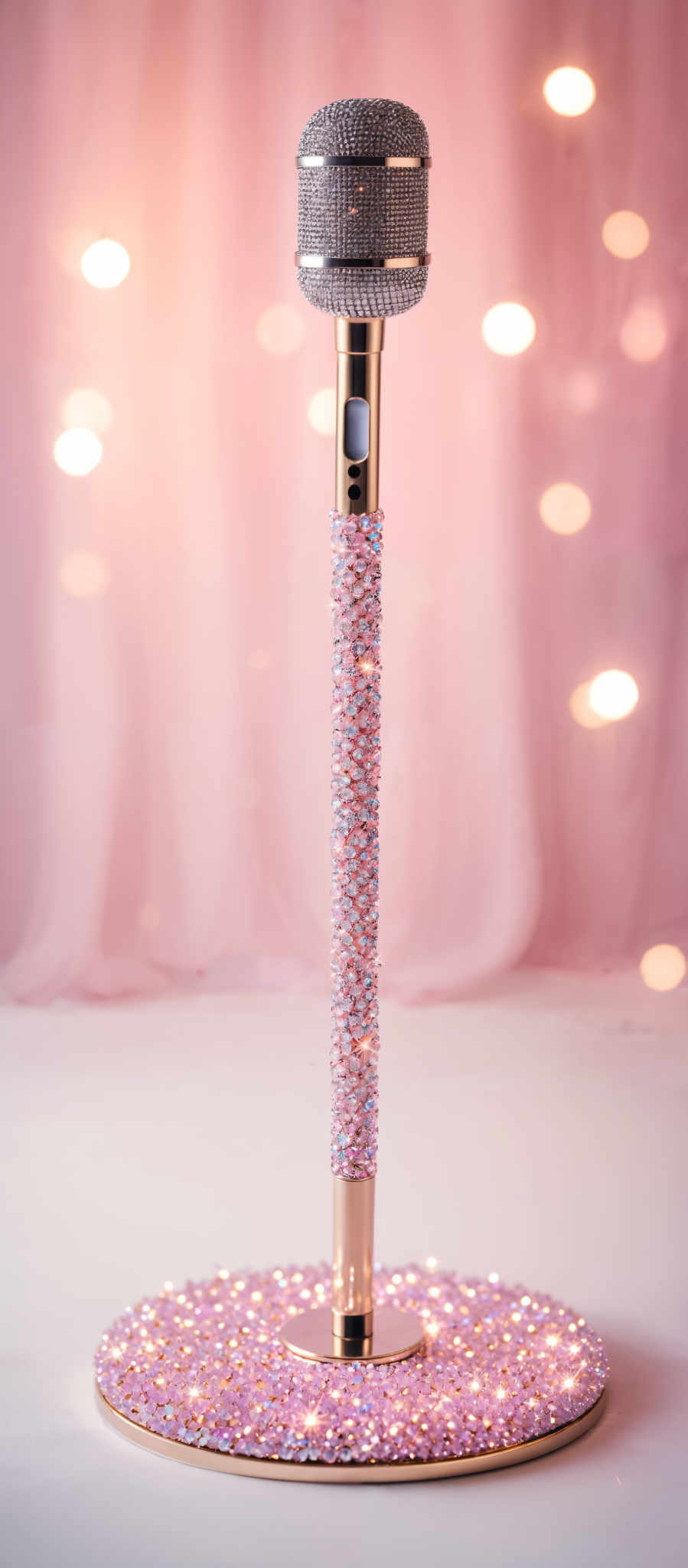 The image showcases a microphone that is adorned with sparkling pink and silver embellishments. The microphone's handle is cylindrical and covered in a cascade of pink crystals, while the main body of the microphone has a metallic finish with a silver grille. The base of the stand is circular and is also covered in pink, shimmering crystalline embellishment. The background is soft pink with bokeh lights, giving the image a dreamy and elegant ambiance.