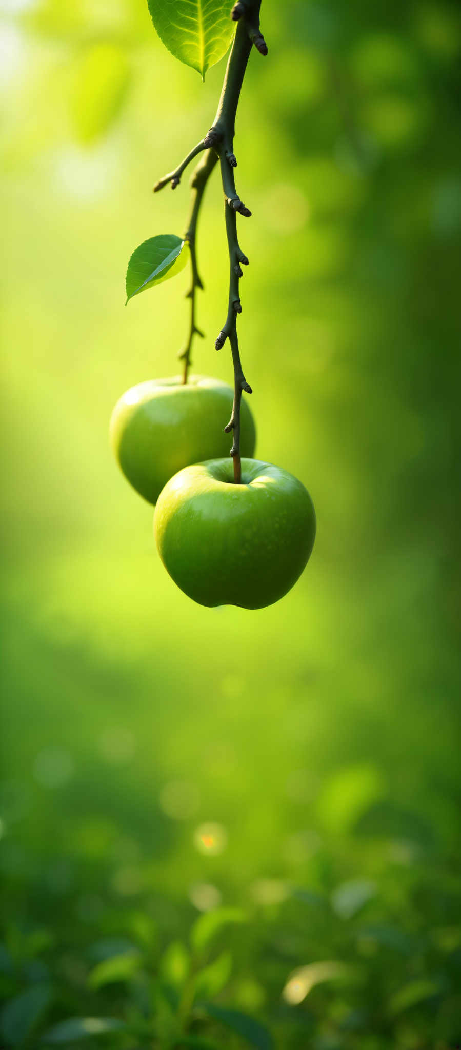 Three green apples hanging from a tree.