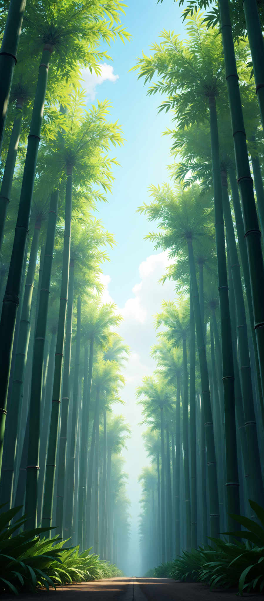 A bamboo forest with a clear blue sky in the background.