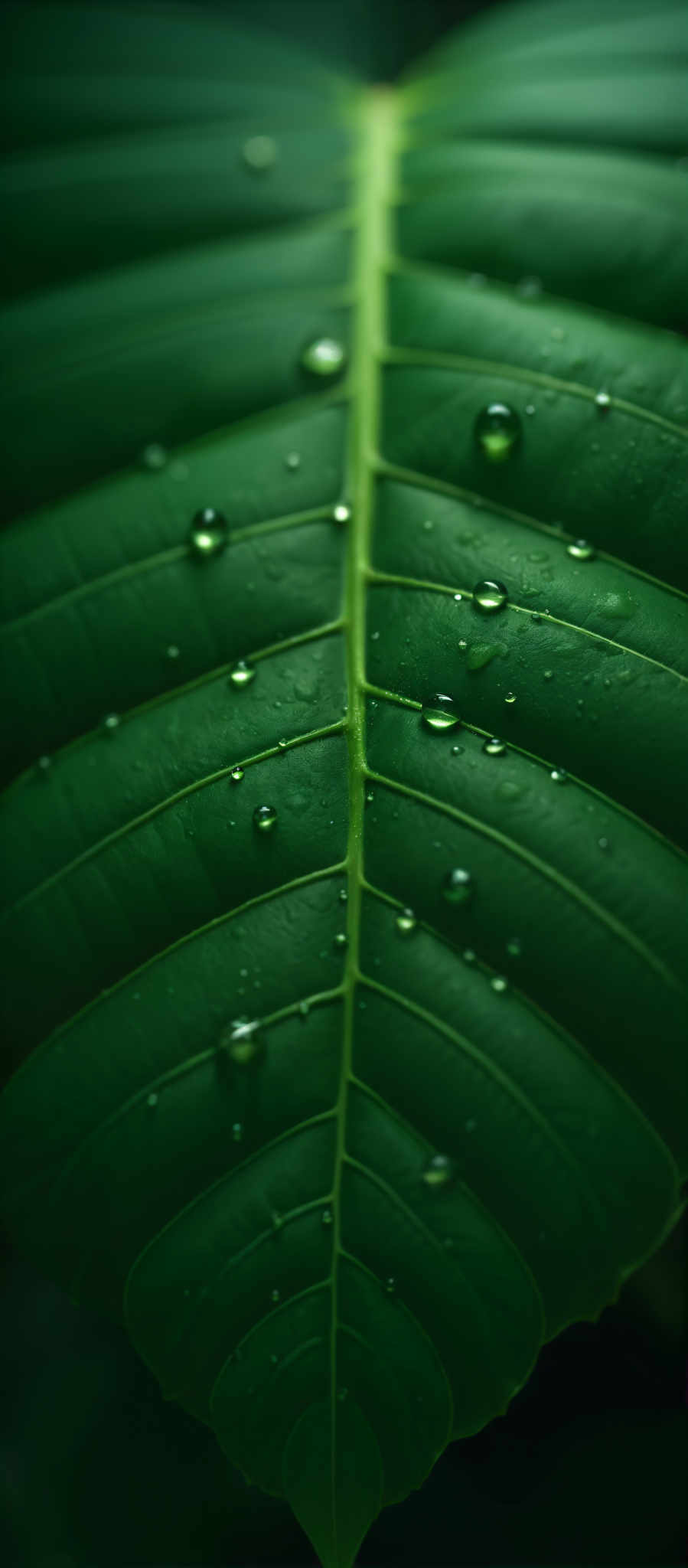 A close up of a green leaf with water droplets on it.