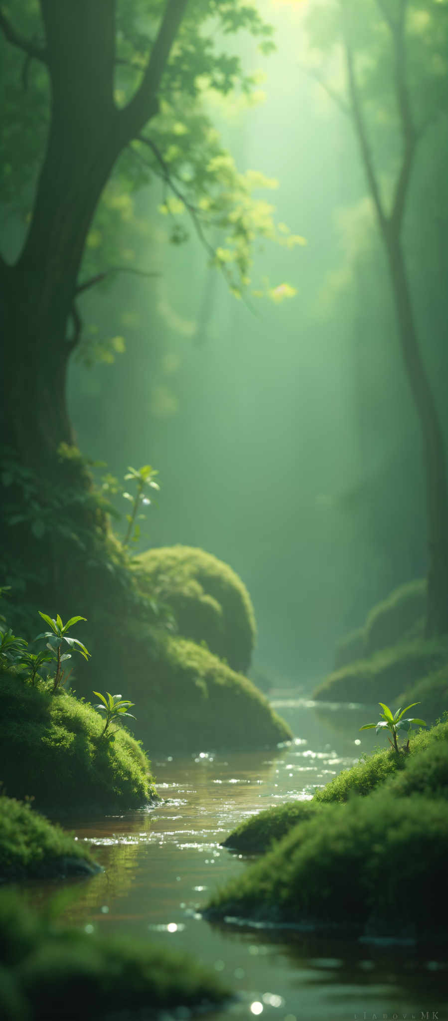 A serene forest scene with a small stream meandering through it. The stream is surrounded by mossy rocks and lush green foliage. The trees with their green leaves tower over the scene providing a canopy of shade. The sunlight filters through the leaves casting a dappled pattern on the forest floor. The image is taken from a low angle giving the viewer a sense of looking up at the towering trees. The overall atmosphere is peaceful and tranquil.