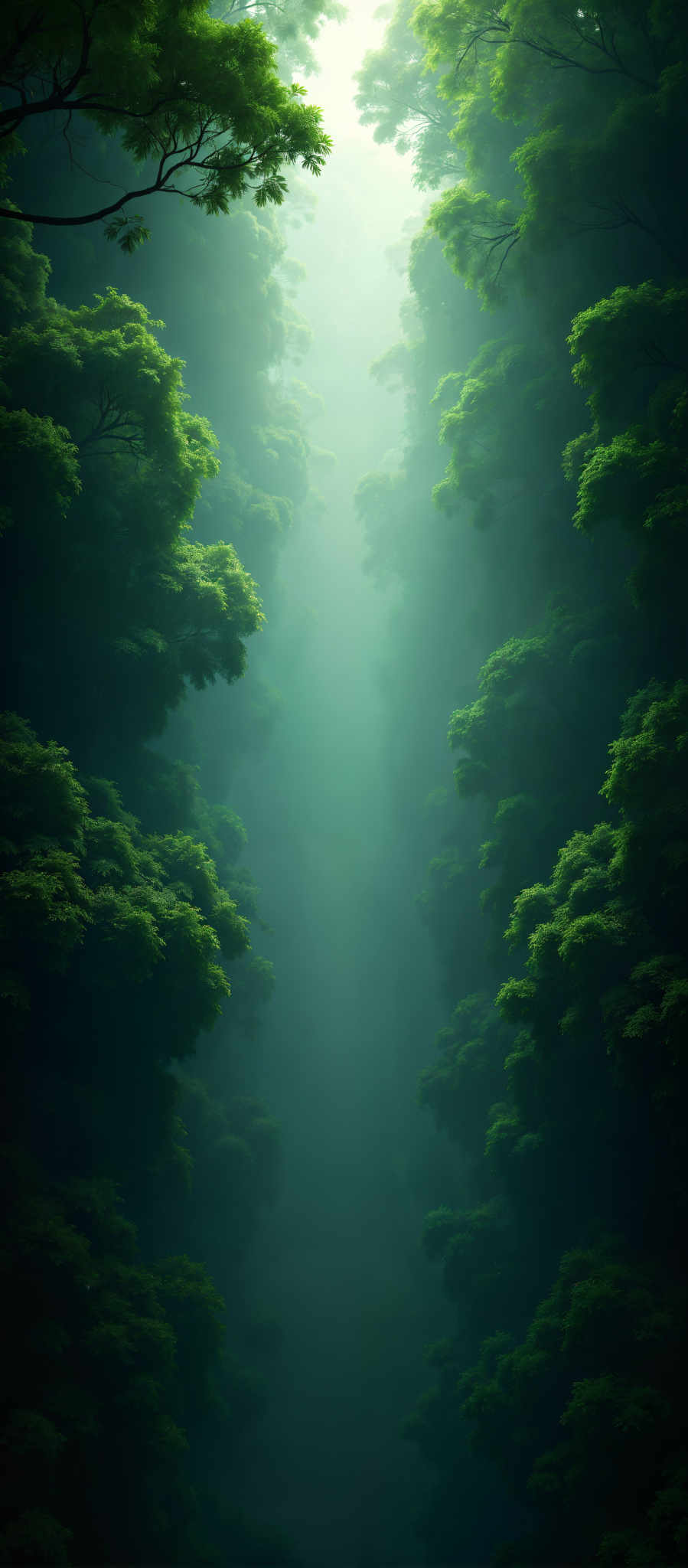 A dense forest with a waterfall in the background.