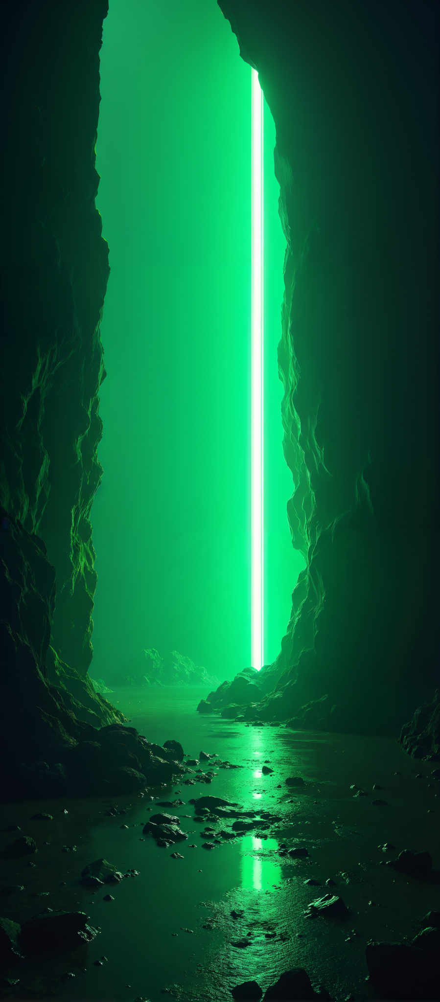 A neon green light is shining through a dark cave.