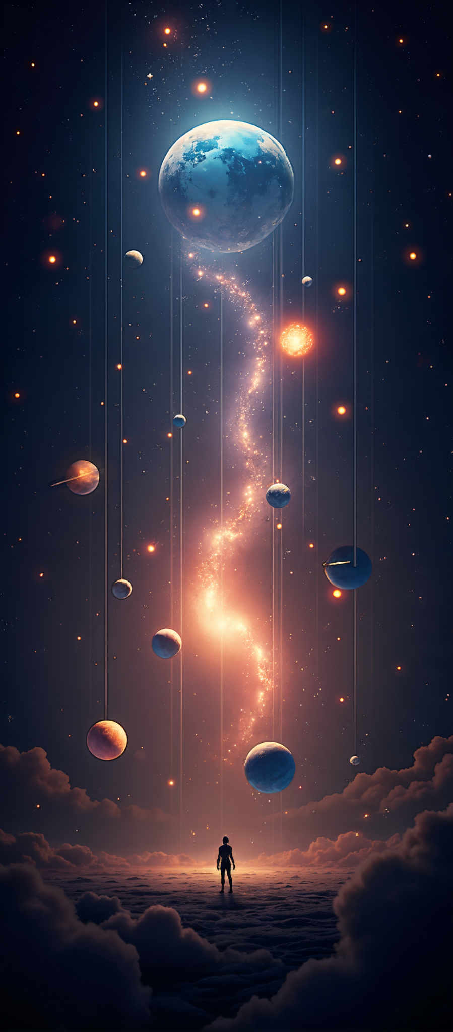 A cosmic scene with a long glowing tail and several planets.