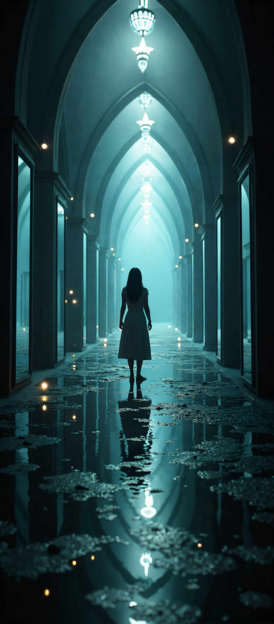 A woman in a white dress stands in a long hallway with arches.