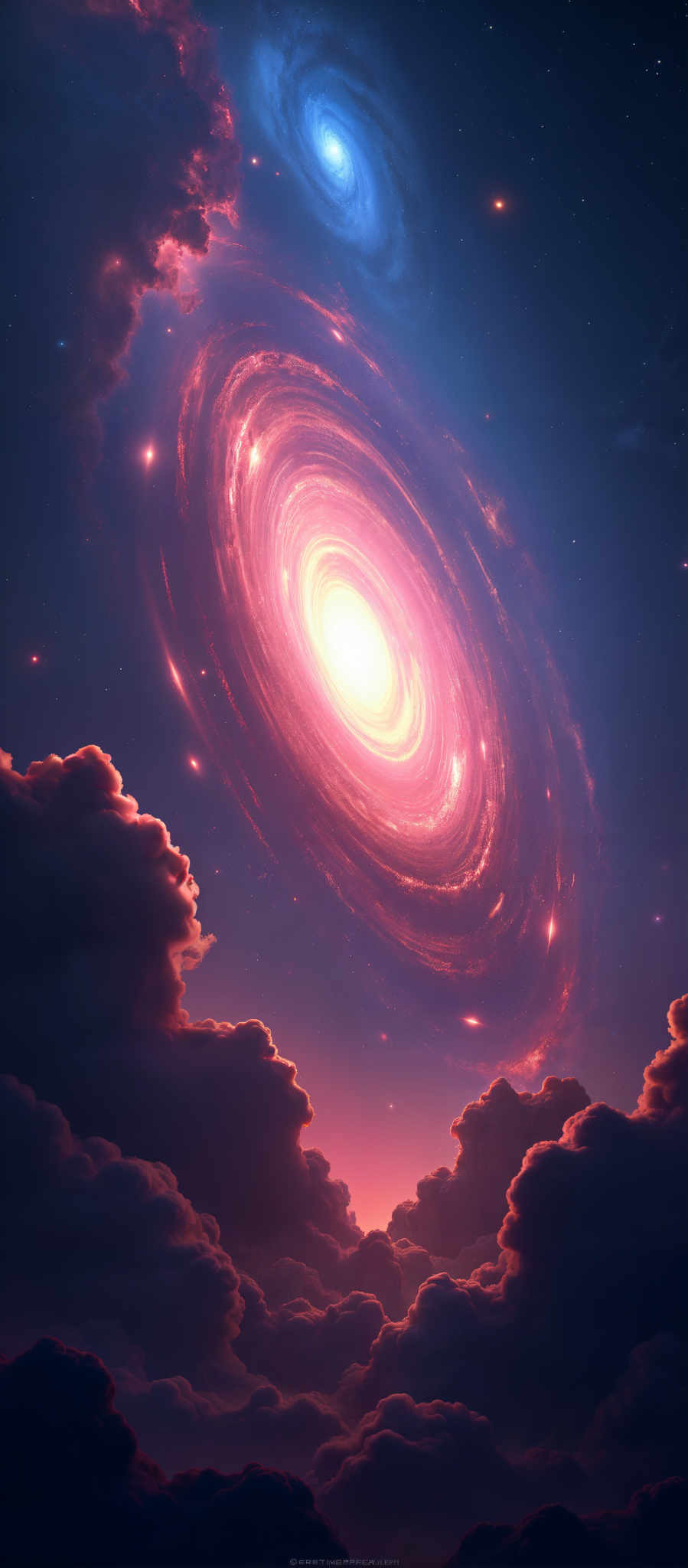 A cosmic scene with a large galaxy in the center and clouds in the foreground.