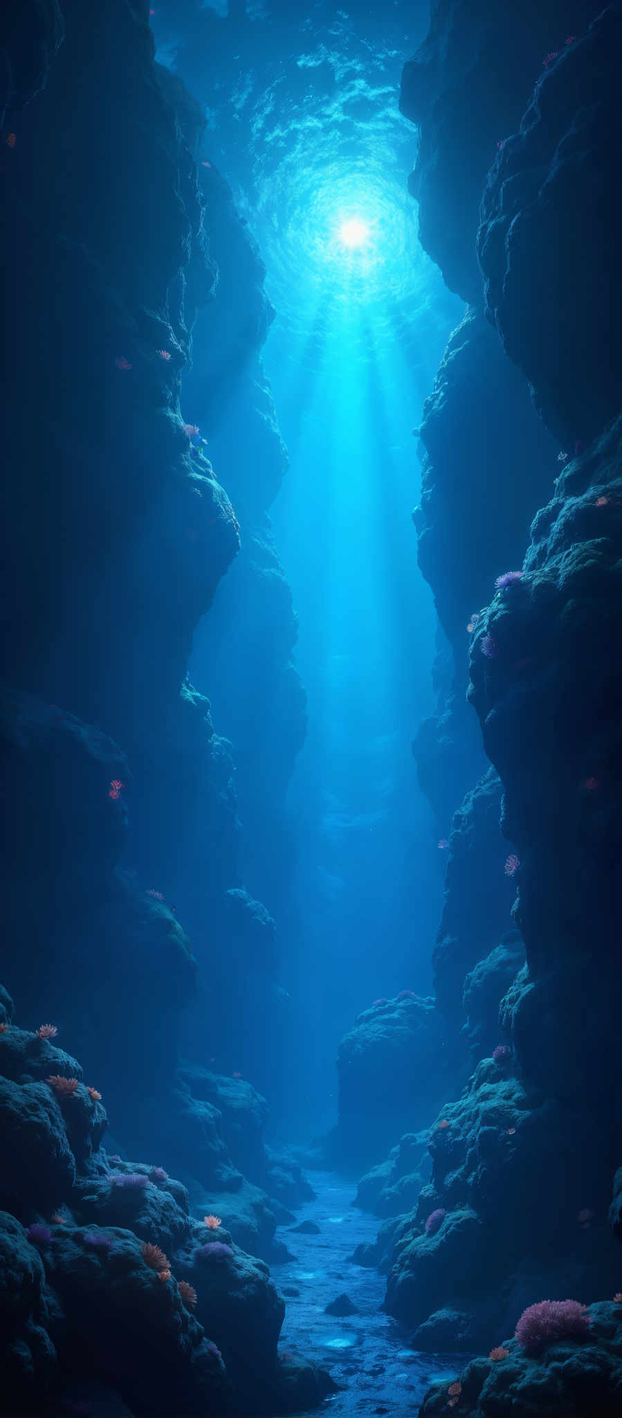 A deep blue underwater scene with coral and fish.