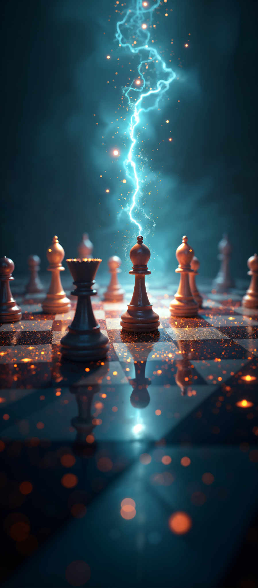 A chess board with a lightning bolt in the center.