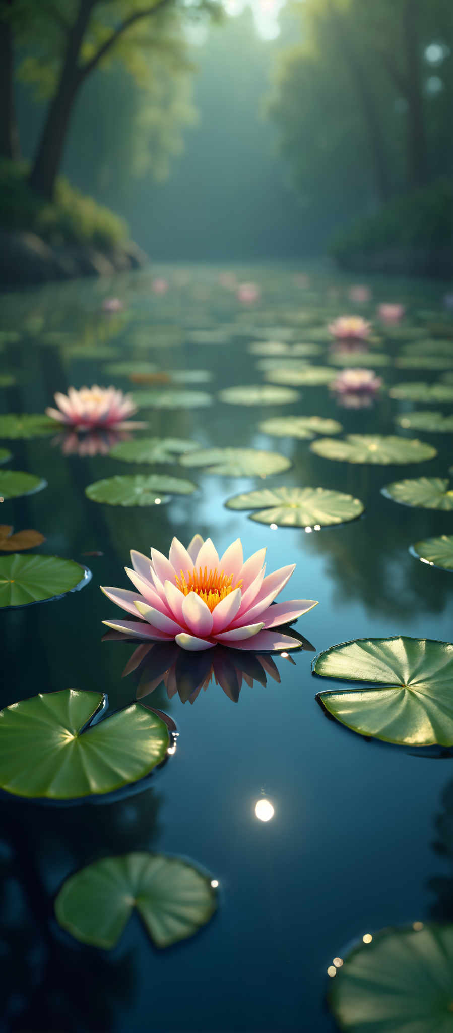 A serene scene of a pond with pink and white water lilies floating on the surface.