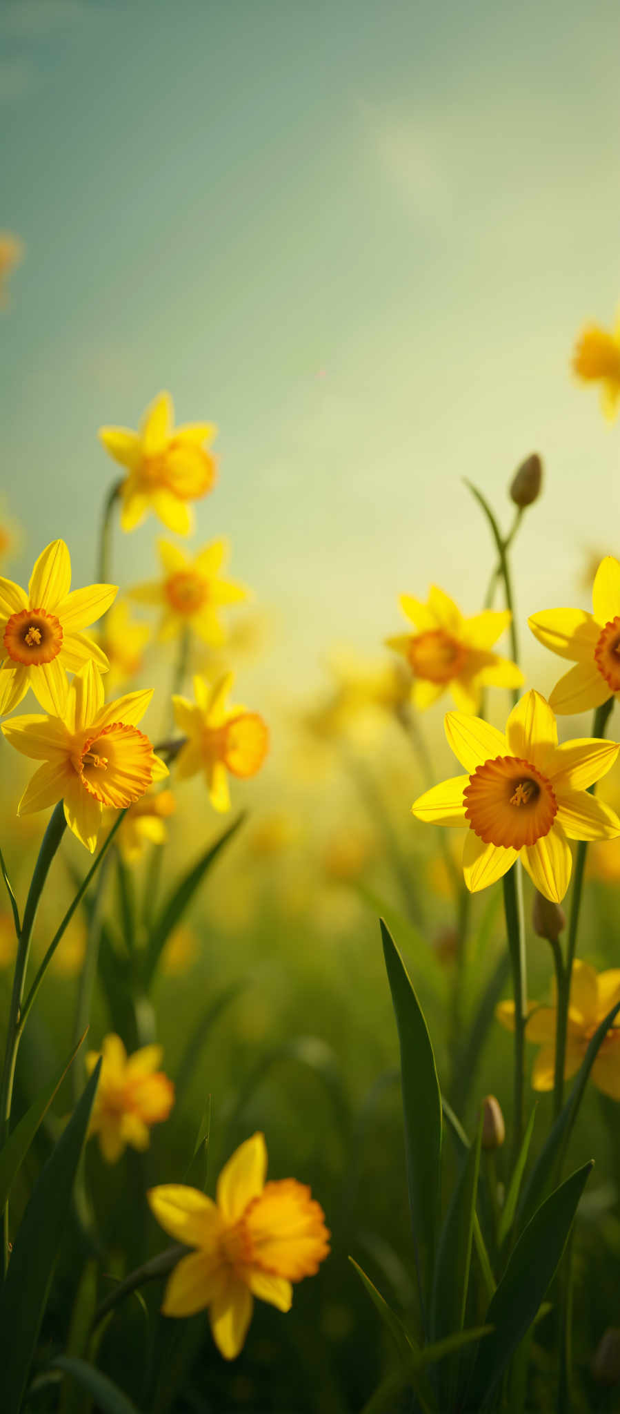 A field of yellow daffodils with orange centers.