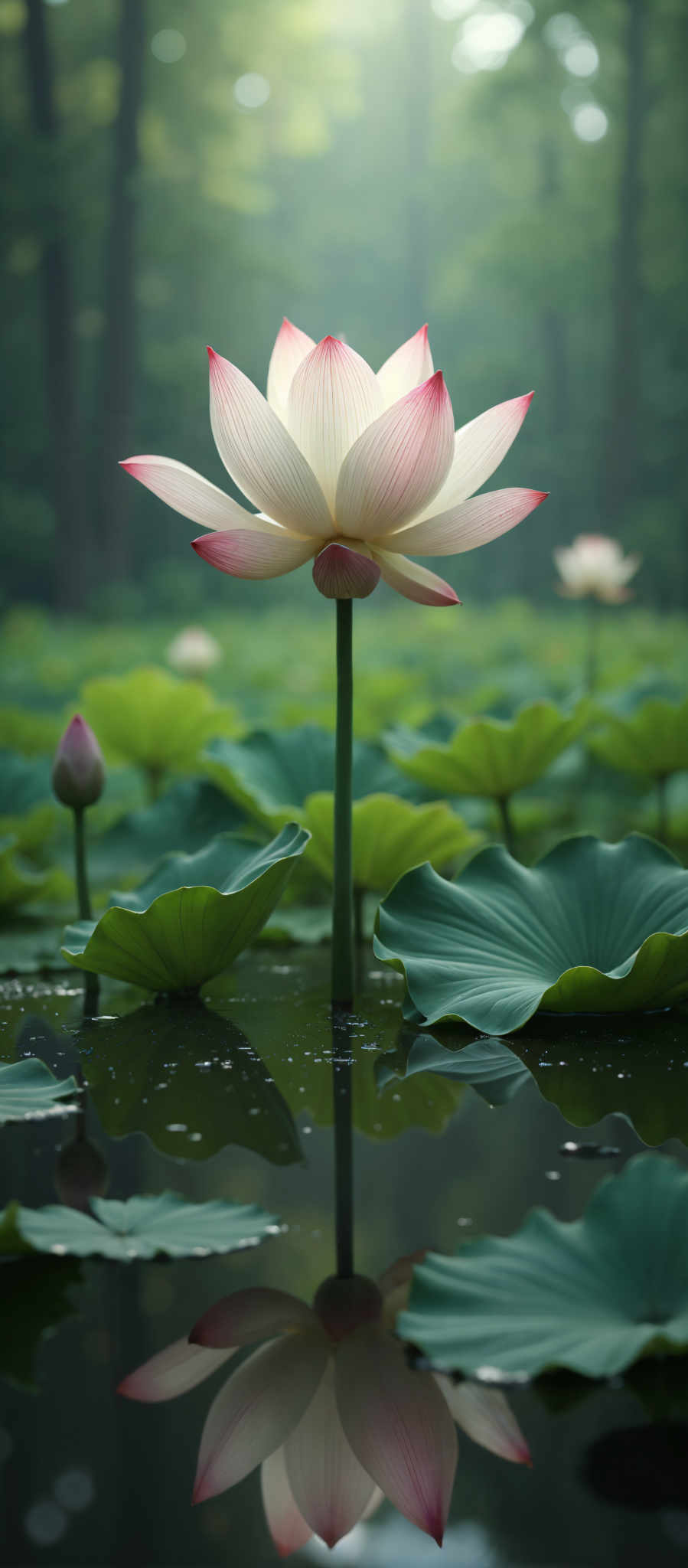 A serene scene of a pond with lily pads and pink and white lilies.