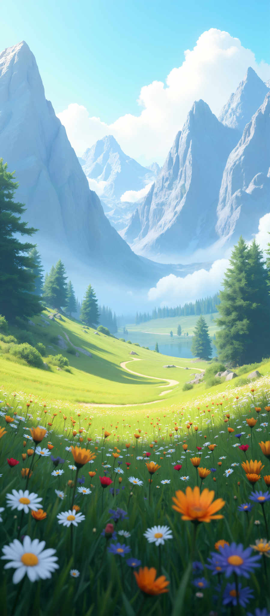 A serene landscape with a winding path through a field of wildflowers. The path leads to a lake with mountains in the background. The sky is clear and blue and the sun is shining brightly. The colors in the image are vibrant and the scene is peaceful.