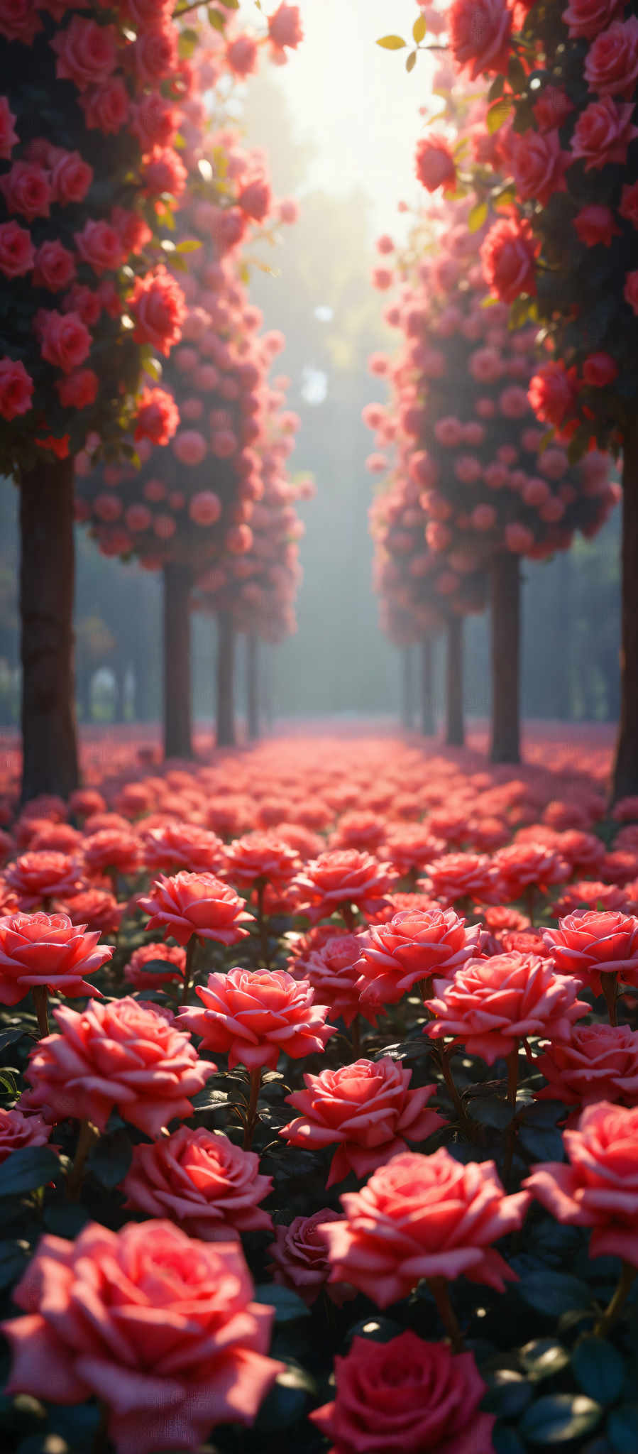 A field of red roses in full bloom.