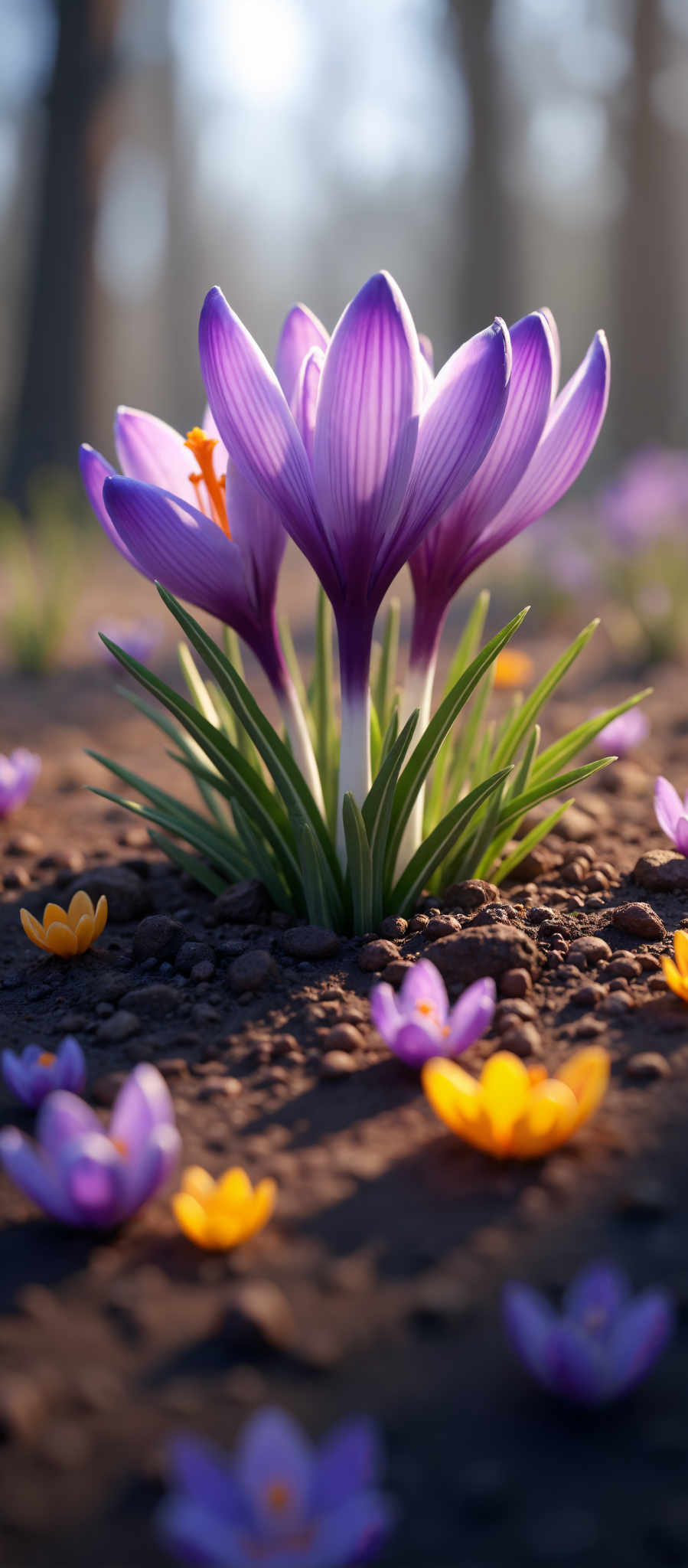 A breathtaking spring scene unfolds, where delicate crocuses emerge from the earth. The vibrant purple petals of the main flower, with its striking orange center, stand out against the lush green leaves. Surrounding it, smaller yellow crocuses add a cheerful contrast. The blurred background hints at a forest, creating a sense of depth and tranquility. This image captures the essence of renewal and hope, perfect for seasonal content.