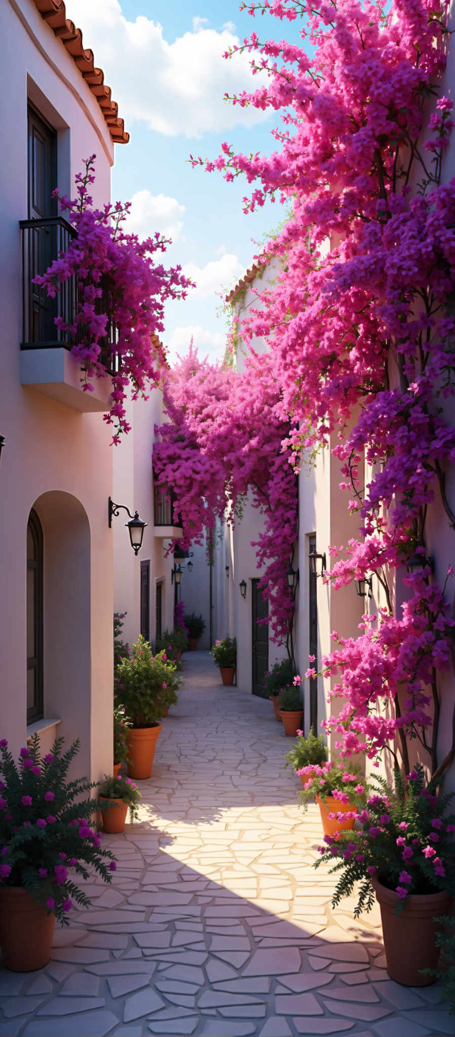 A beautiful scene of a narrow alleyway with white buildings on either side. The buildings are adorned with pink flowers and green plants adding a touch of color to the otherwise white structures. The alleyway is paved with cobblestones giving it a rustic charm. Black lanterns hang from the buildings ready to cast a warm glow when night falls. The sky above is a clear blue and the sun shines brightly illuminating the scene and casting shadows that add depth to the image.

The buildings are lined with potted plants their green leaves contrasting with the white walls. The pink flowers add a pop of color drawing the eye and adding a sense of life to the scene. The black lanterns are evenly spaced along the buildings and hang from hooks on the walls their dark color standing out against the white background.

The cobblestone path is lined with the plants leading the viewer's eye down the alleyway and inviting them to imagine what lies beyond. The blue sky above and the bright sun create a serene atmosphere while the shadows cast by the buildings add a sense or mystery to the picture.

Overall this image captures a peaceful and beautiful scene with its combination of colors textures and objects creating a visually appealing