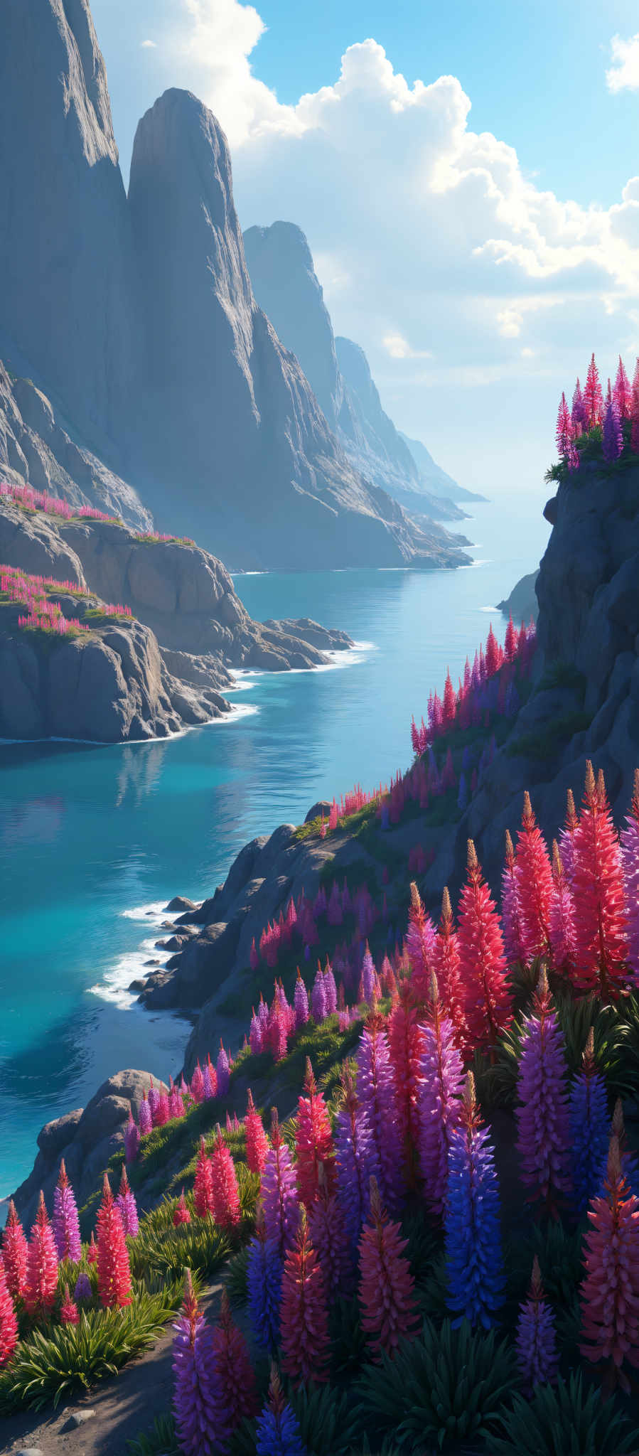 A beautiful landscape with a deep blue ocean pink flowers and a mountain.