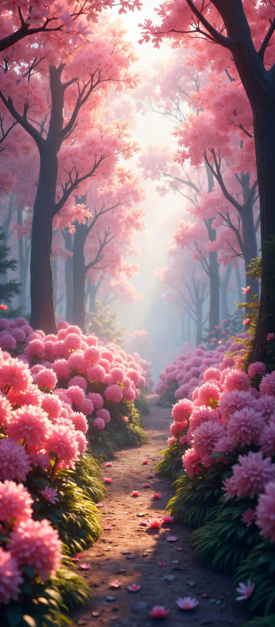 A forest of pink trees with a path in the middle.