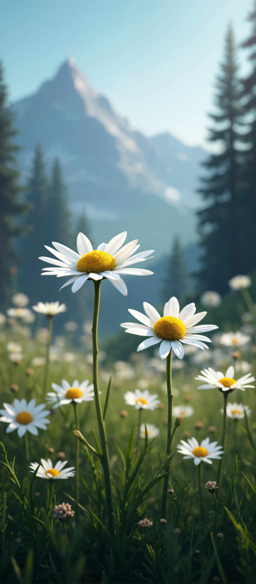 A field of daisies with yellow centers and white petals.