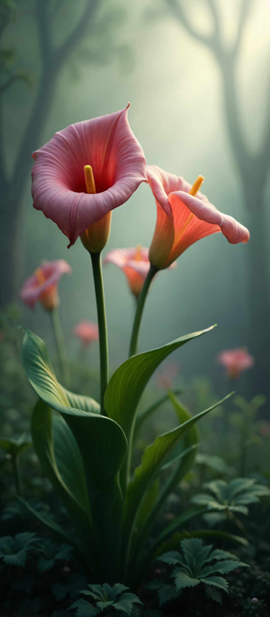 A group of pink and orange flowers with green leaves.