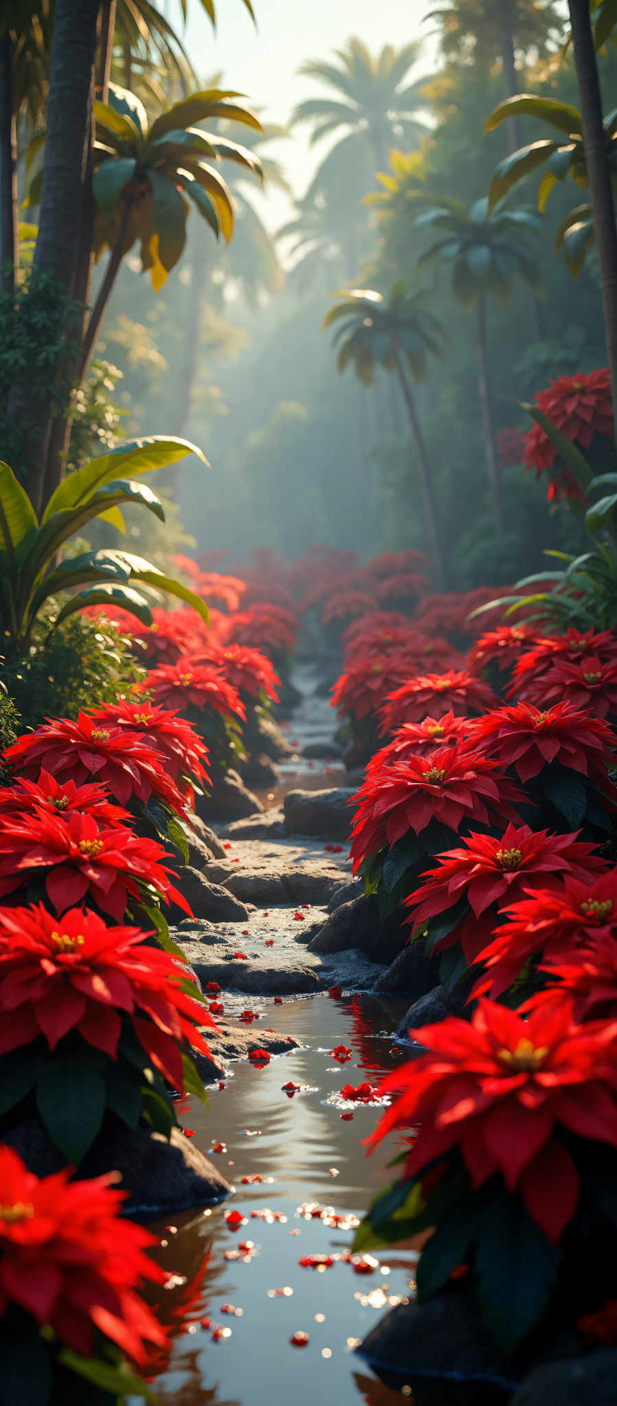 A beautiful garden scene with a path of red flowers.