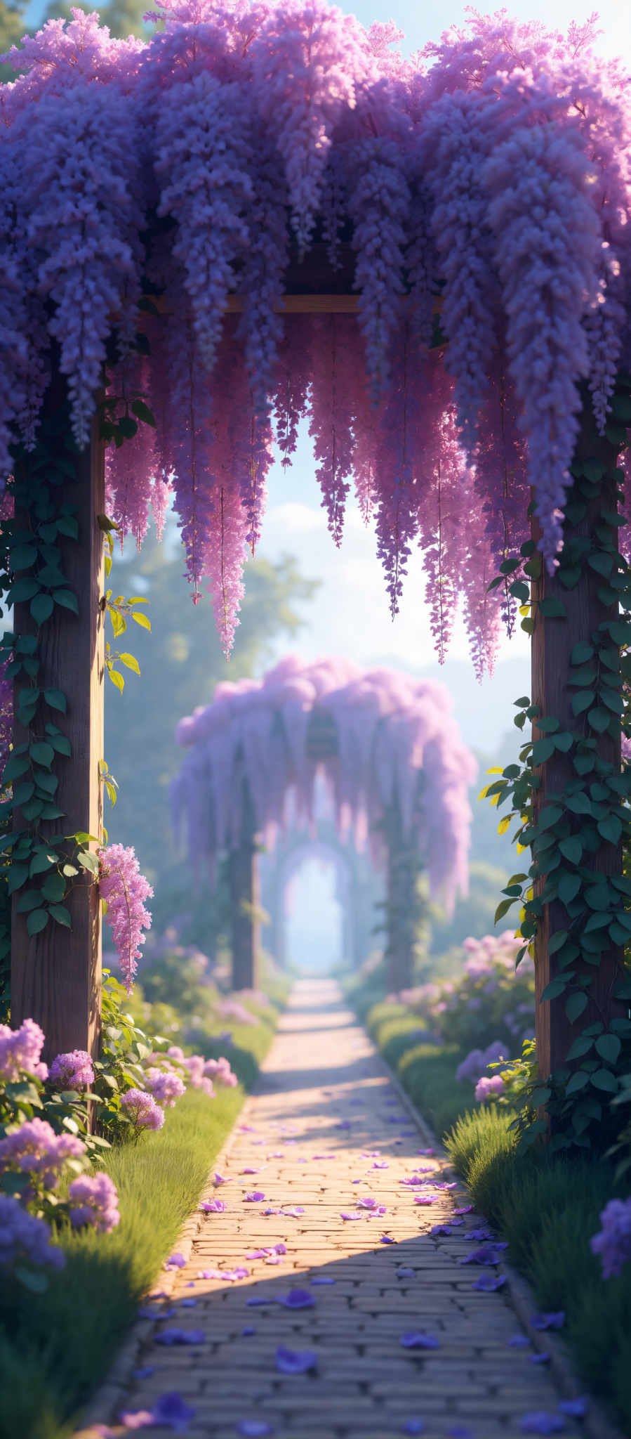 A beautiful garden scene with a path leading to a tunnel. The tunnel is made of wood and is covered with purple flowers. The path is lined with the same purple flowers and is surrounded by green bushes. The sky above is blue and the sun is shining through the tunnel.