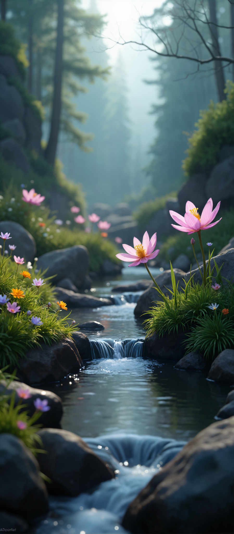 A serene scene of a rocky riverbed where water flows gently over the rocks. The riverbed is adorned with a variety of colorful flowers including pink and yellow ones adding a vibrant touch to the natural landscape. The flowers are scattered throughout the riverbed and on the rocks creating a beautiful contrast against the water and the rocks.

The river itself is surrounded by lush greenery with trees and bushes lining its banks. The greenery provides a sense of tranquility and seclusion making the scene even more picturesque. The water in the river is clear allowing one to see the rocks beneath the surface.

The image captures the beauty of nature in its raw form with the river rocks flowers and greenery all contributing to a peaceful and idyllic scene. The colors the flow of the water and the placement of the flowers and green plants all combine to create a visually pleasing image that is both calming and inspiring.