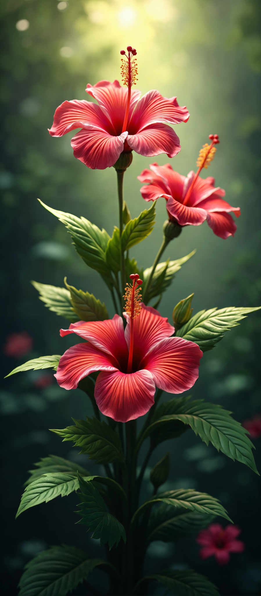 A close up of a red hibiscus flower with green leaves.