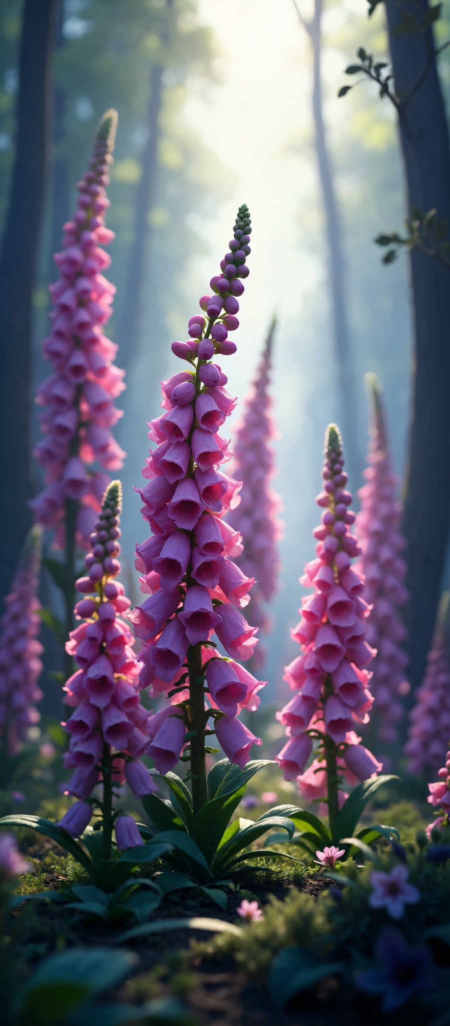 A cluster of pink flowers with green stems.