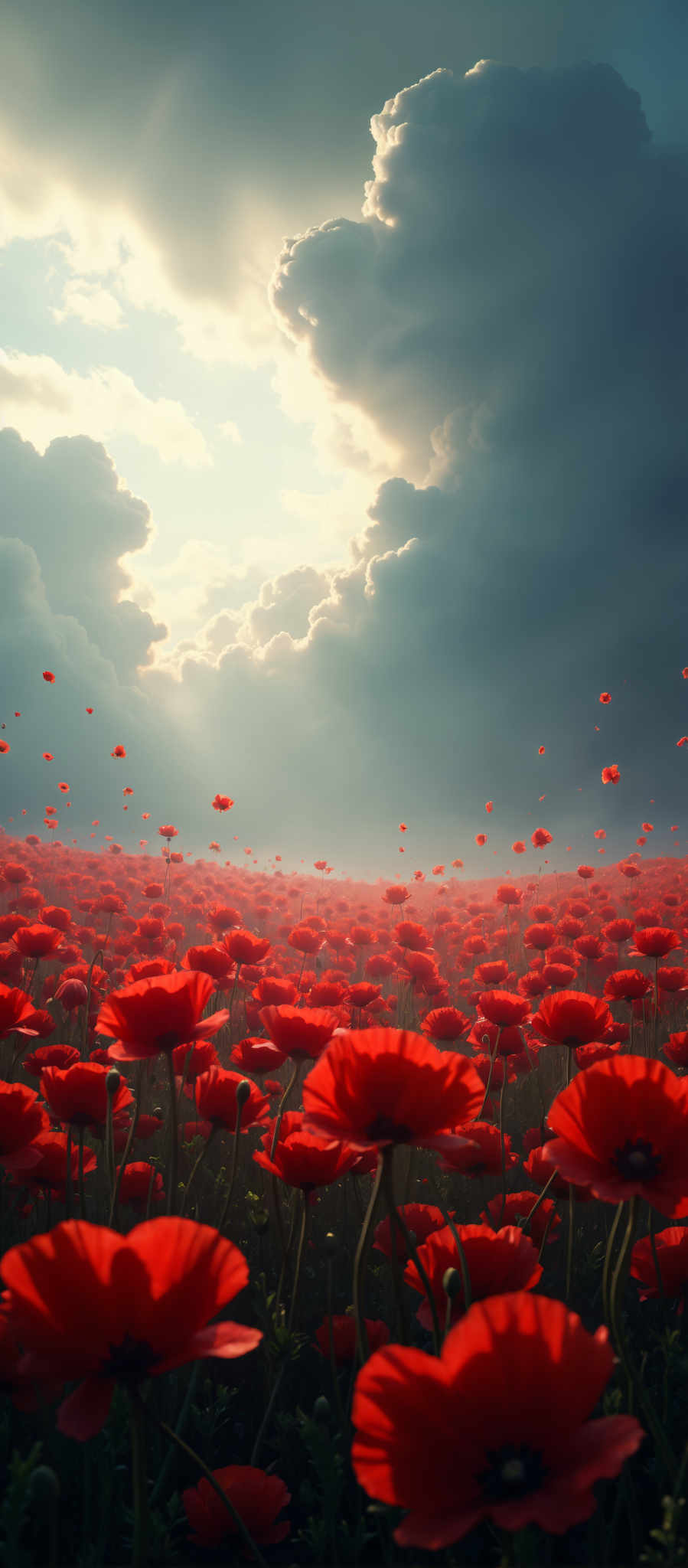 A field of red flowers under a cloudy sky.