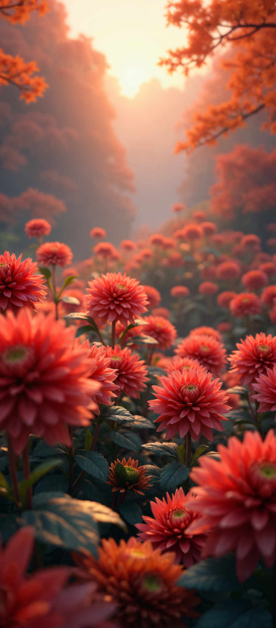 A vibrant scene of nature is captured in this image. It features a multitude of red flowers each with a yellow center arranged in a diagonal pattern. The flowers are in sharp focus drawing the viewer's attention to their vivid colors and intricate details. The background a blurred mix of green and brown hues provides a contrasting backdrop that further accentuates the red flowers. The overall composition of the photo suggests a serene and tranquil setting possibly a garden or a park. The image does not contain any text or discernible actions. The relative positions of the flowers to each other and the background create a sense of depth and perspective. The photo appears to be taken from a low angle looking up at the flowers adding to the grandeur of the scene. The colors objects and their arrangement in the image are the main elements that define its content.