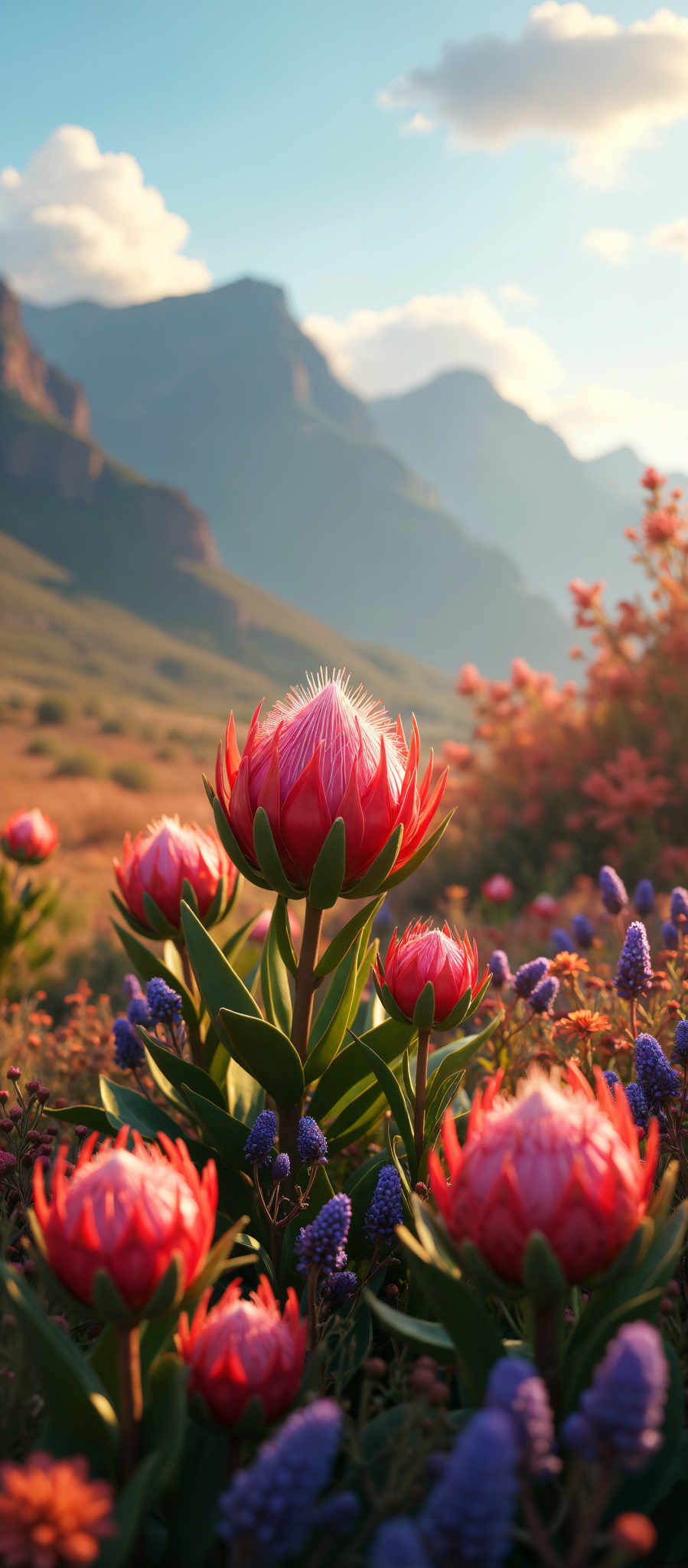 A vibrant red flower with a white center is surrounded by purple and orange flowers.