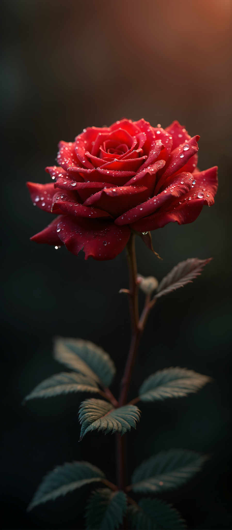 A close up of a red rose with water droplets on its petals.