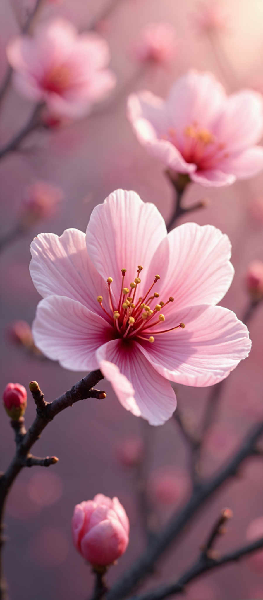 A beautiful pink flower with yellow stamens.