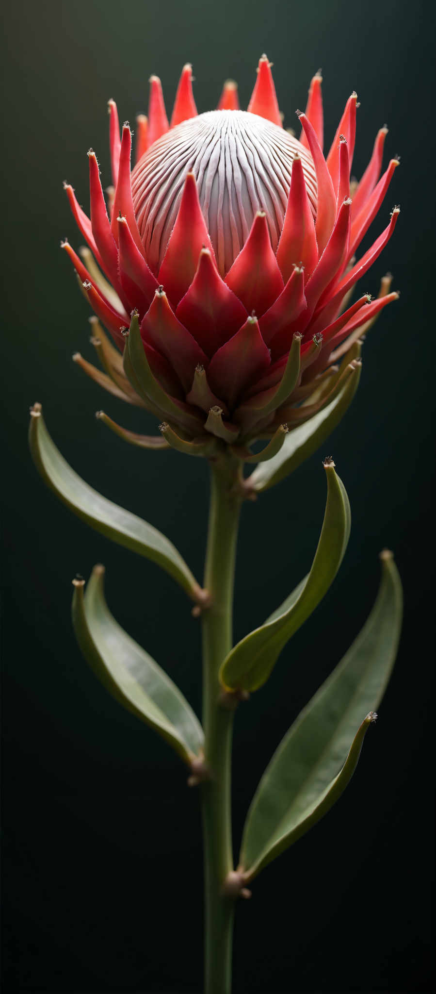 A red flower with green leaves.