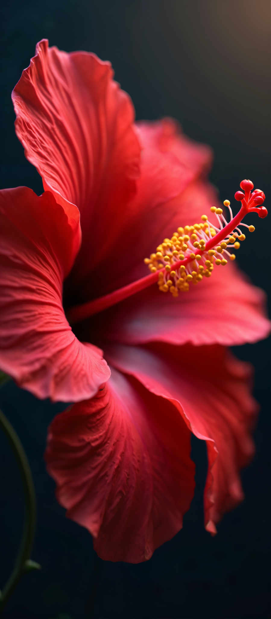 A close up of a red hibiscus flower with yellow stamens.