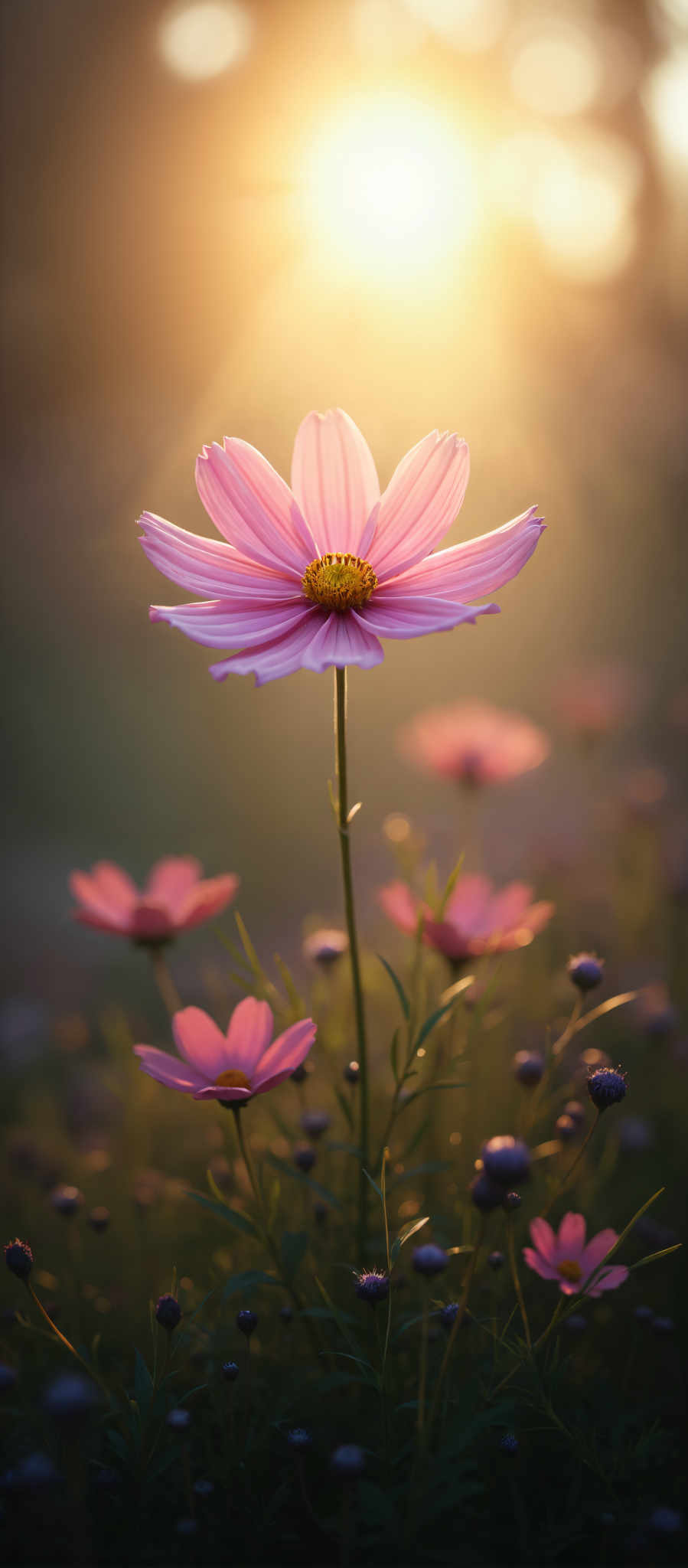 A beautiful pink flower with a yellow center is the main focus of this image. It is surrounded by other pink flowers and purple flowers creating a vibrant and colorful scene. The flowers are set against a blurred background which adds depth to the image and draws attention to the flowers in the foreground. The lighting is soft and diffused giving the image a warm and inviting feel. The colors are bright and vibrant making the image visually appealing. The image does not contain any text or other discernible objects. The relative positions of the flowers suggest a natural outdoor setting. The flower in the center is slightly larger than the others indicating it might be the main subject of this photo. The other flowers are scattered around it creating an interesting composition. The purple flowers are located towards the bottom right of the photo providing a nice contrast to the pink flowers. The blurred background is evenly distributed throughout the image providing balance to the overall composition.