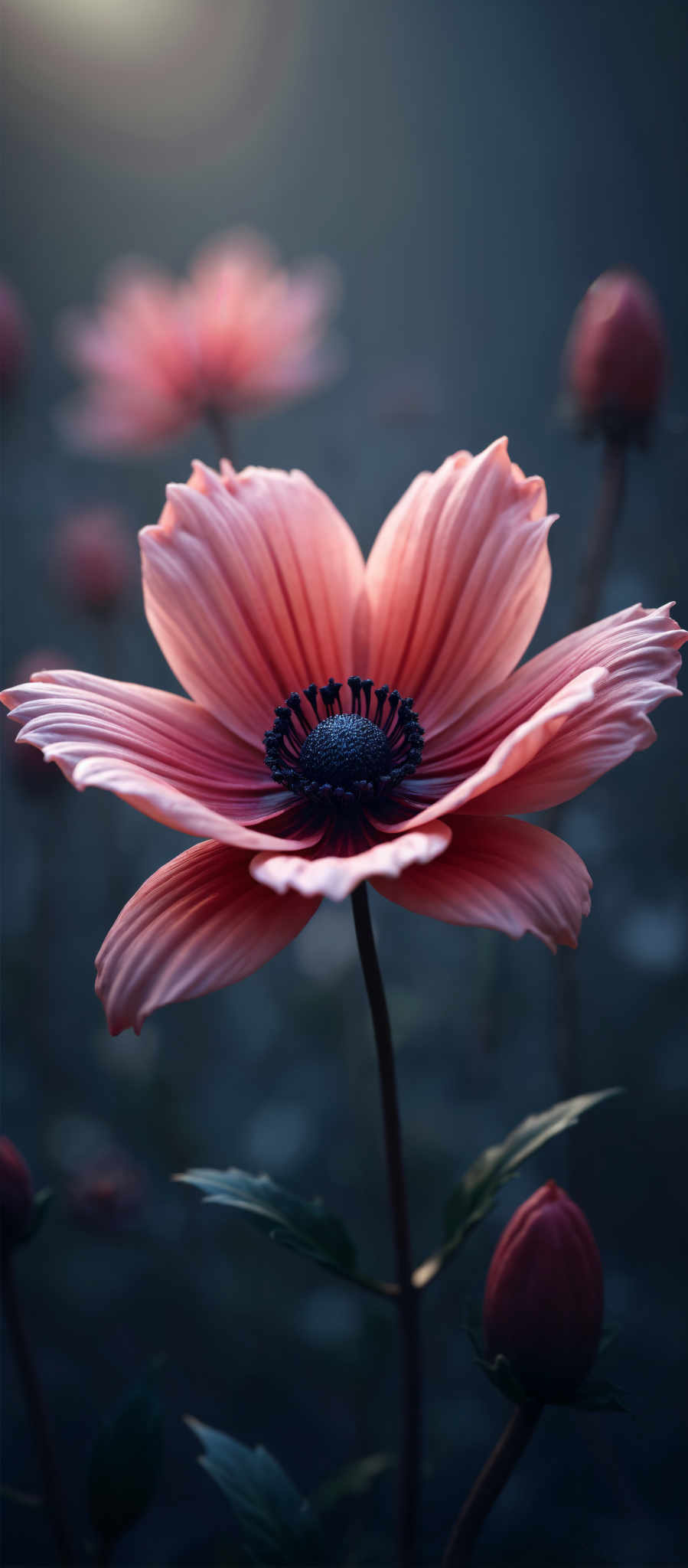 A close up of a pink flower with a black center.