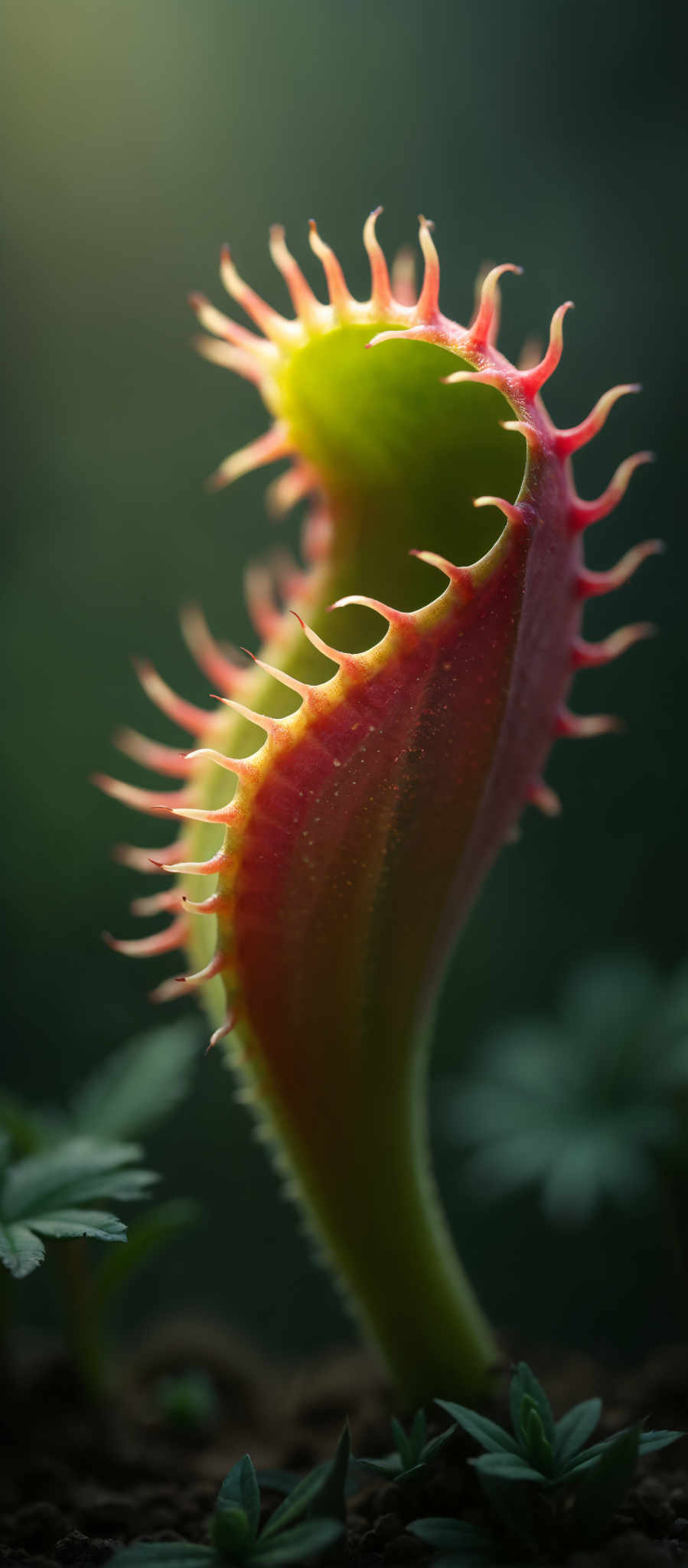 A close up of a red and green plant with sharp teeth.