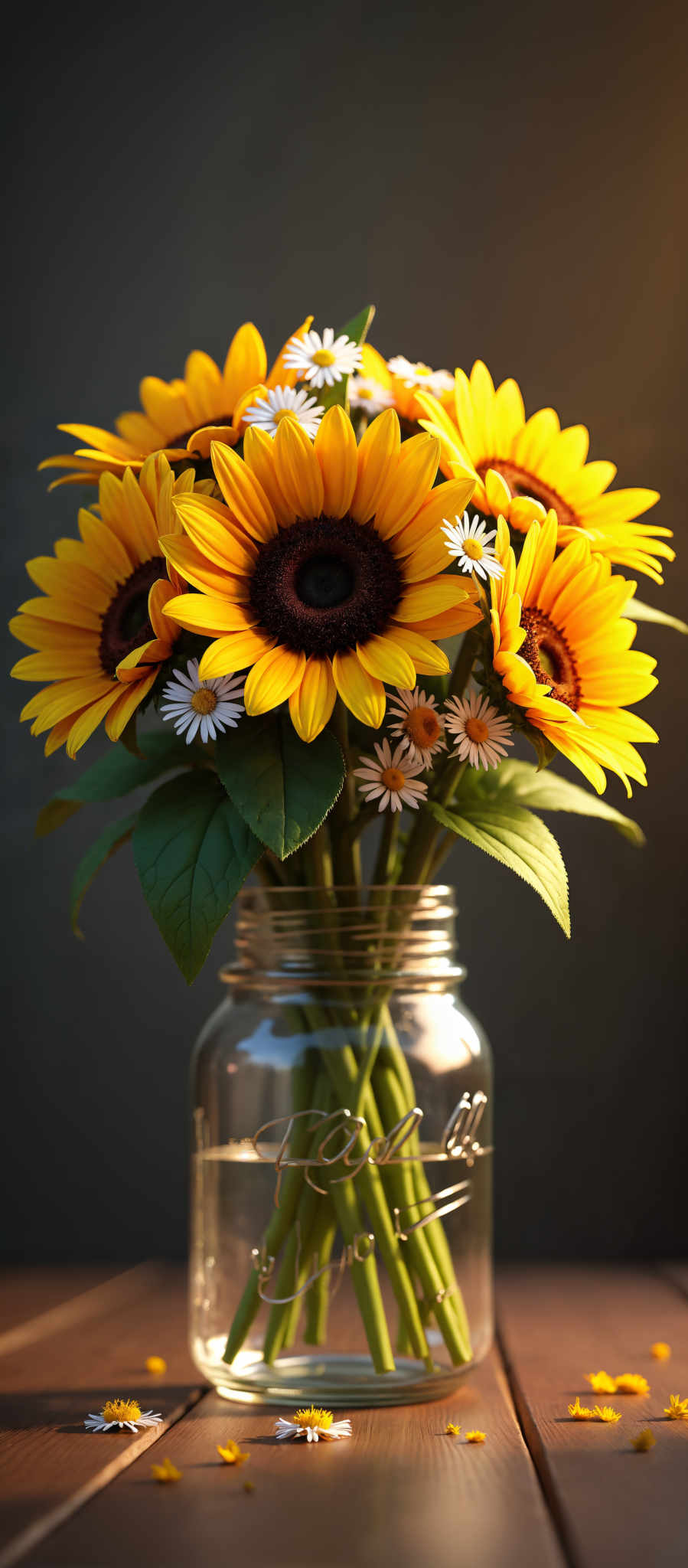 A bouquet of yellow sunflowers with white daisies in a glass jar.